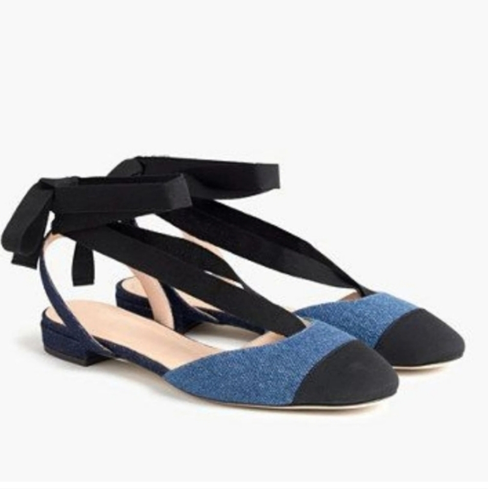 J. Crew Black & Denim Lace Up Ballet Flats Size 7 SH374